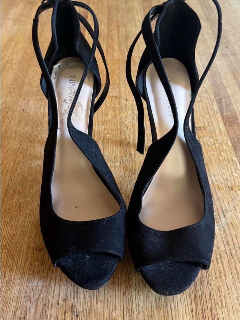 Nine West Black Suede Peep-Toe Wraparound Heels